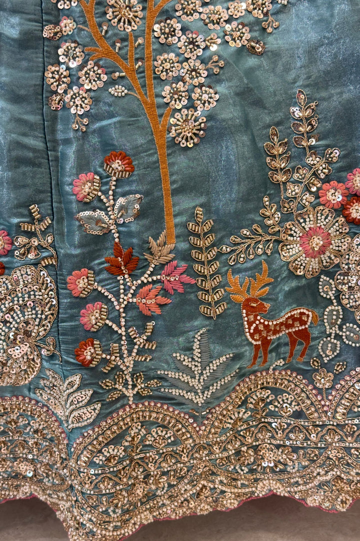 Bridal Organza Lehenga with Hand-Embroidered Birds and Floral Forest Motifs