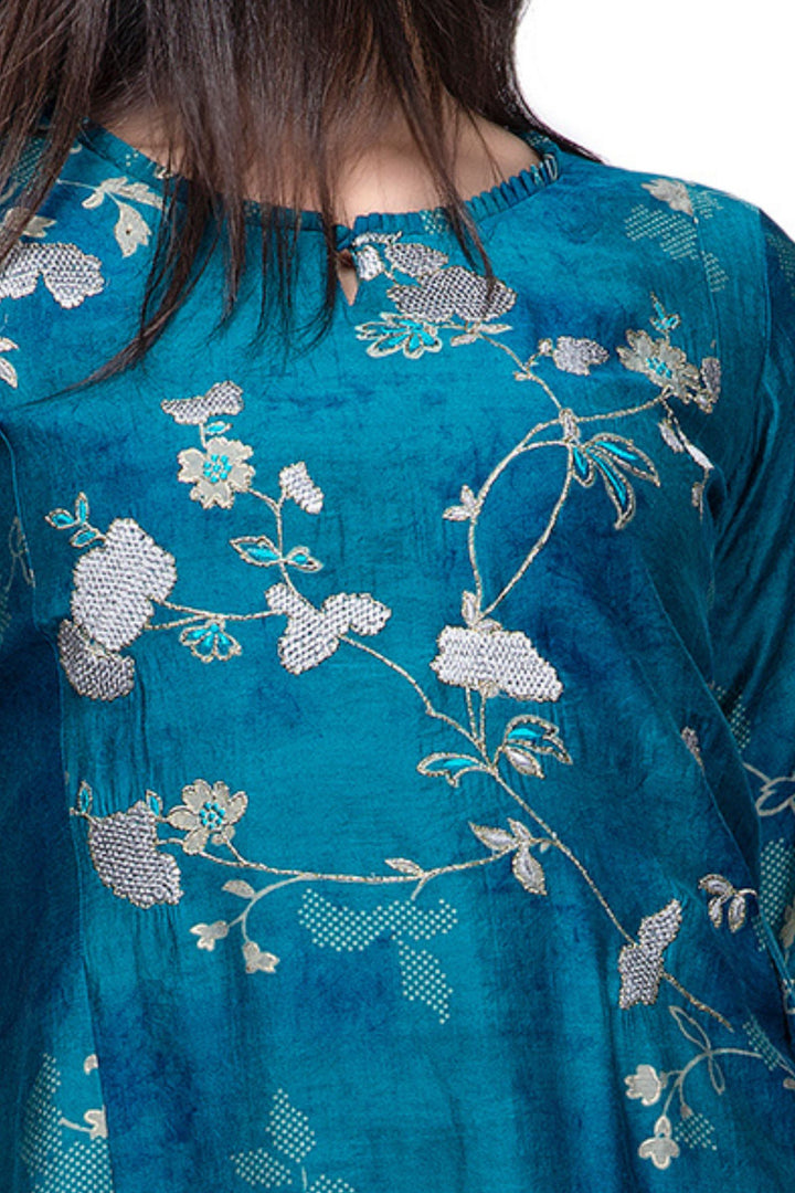 Rama Blue Embroidery and Zari work with Digital Print Aline Cut Calf Length Kurti