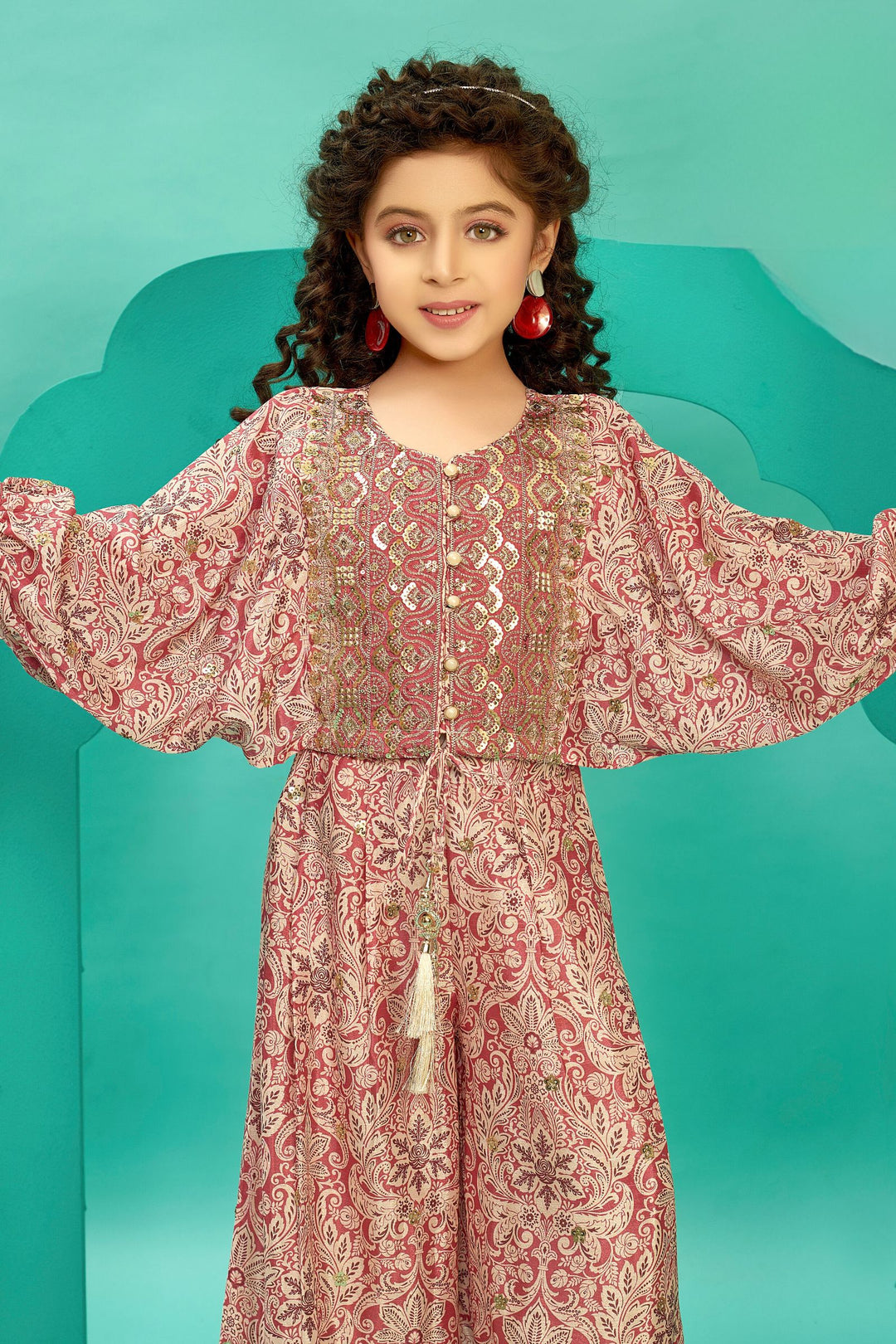 Light Pink Printed, Sequins and Zari work Kaftan Styled Top and Palazzo Set for Girls