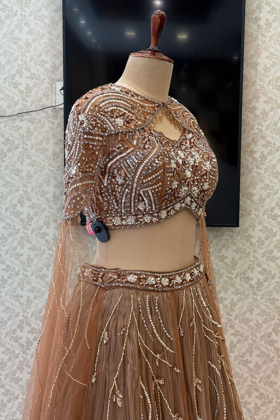Designer Copper Brown Lehenga with Intricate Beads, Stone and Sequins work