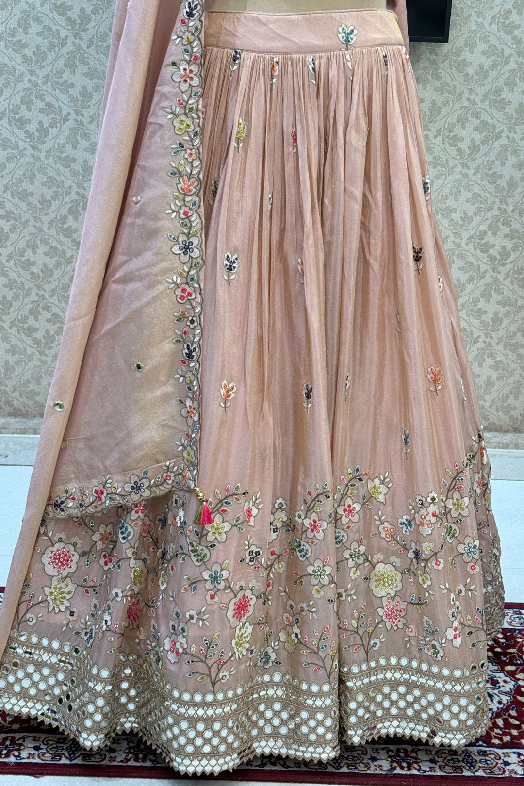 Light Peach Mirror, Sequins, Embroidery, Zardozi and Beads work Crop Top Lehenga