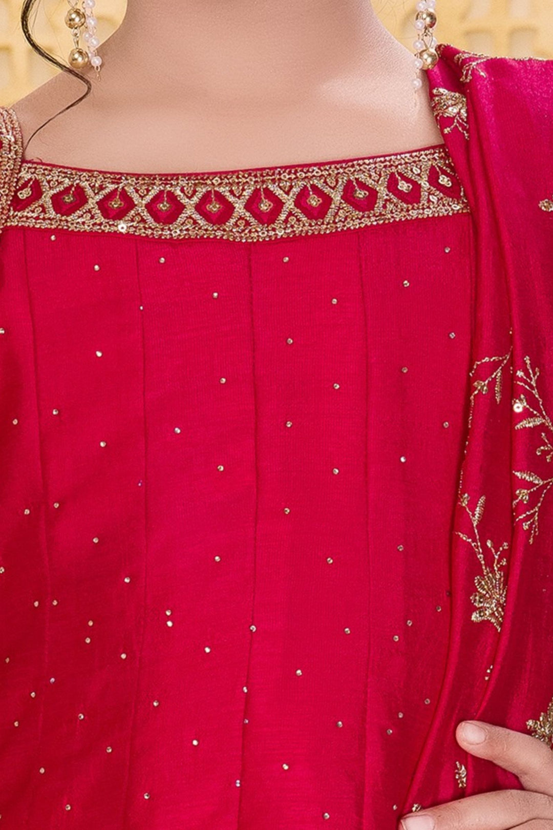 Rani Pink Stone, Zari and Sequins work Anarkali Styled Salwar Set for Girls