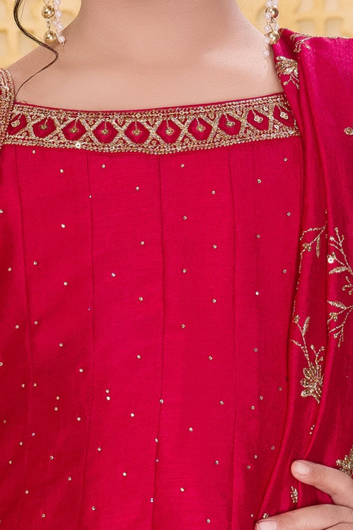 Rani Pink Stone, Zari and Sequins work Anarkali Styled Salwar Set for Girls