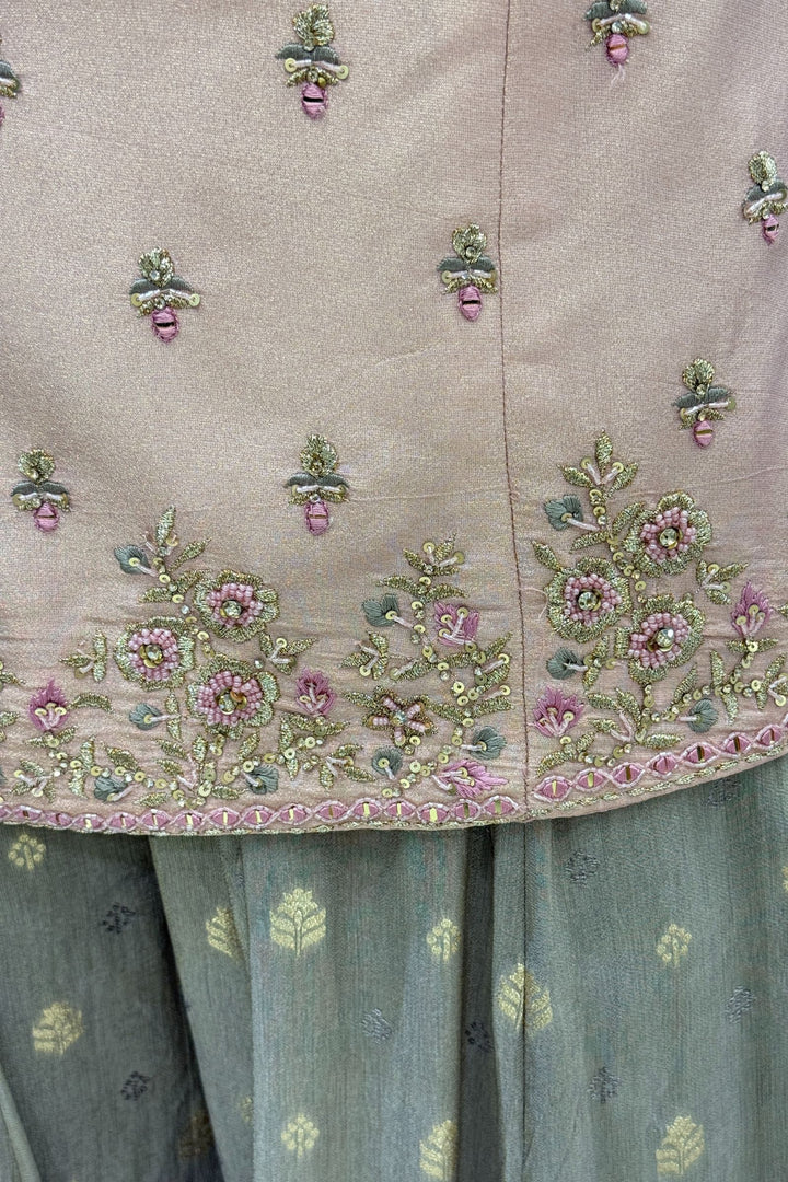 Baby Pink with Grey Mirror, Sequins, Beads, Zari, Stone and Banaras work Palazzo Salwar Suit