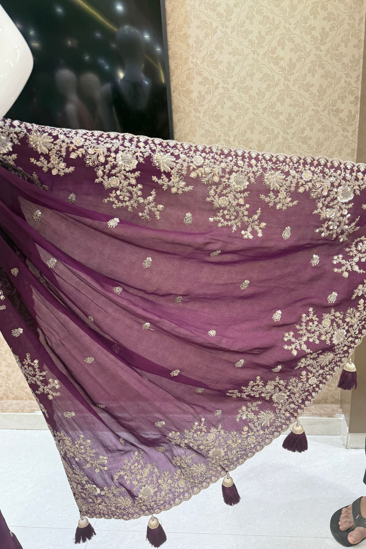 Purple Zari and Sequins work Saree