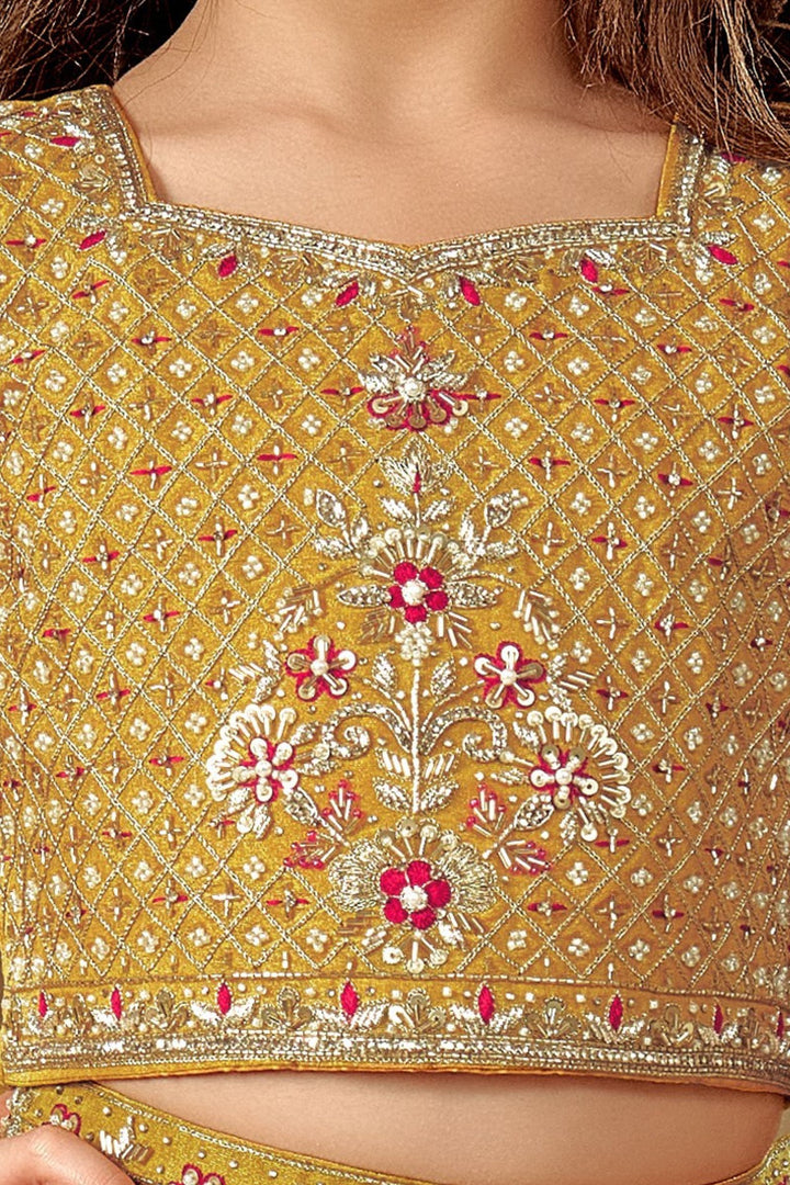 Yellow Beads, Zari, Sequins, Stone and Thread work Lehenga Choli for Girls