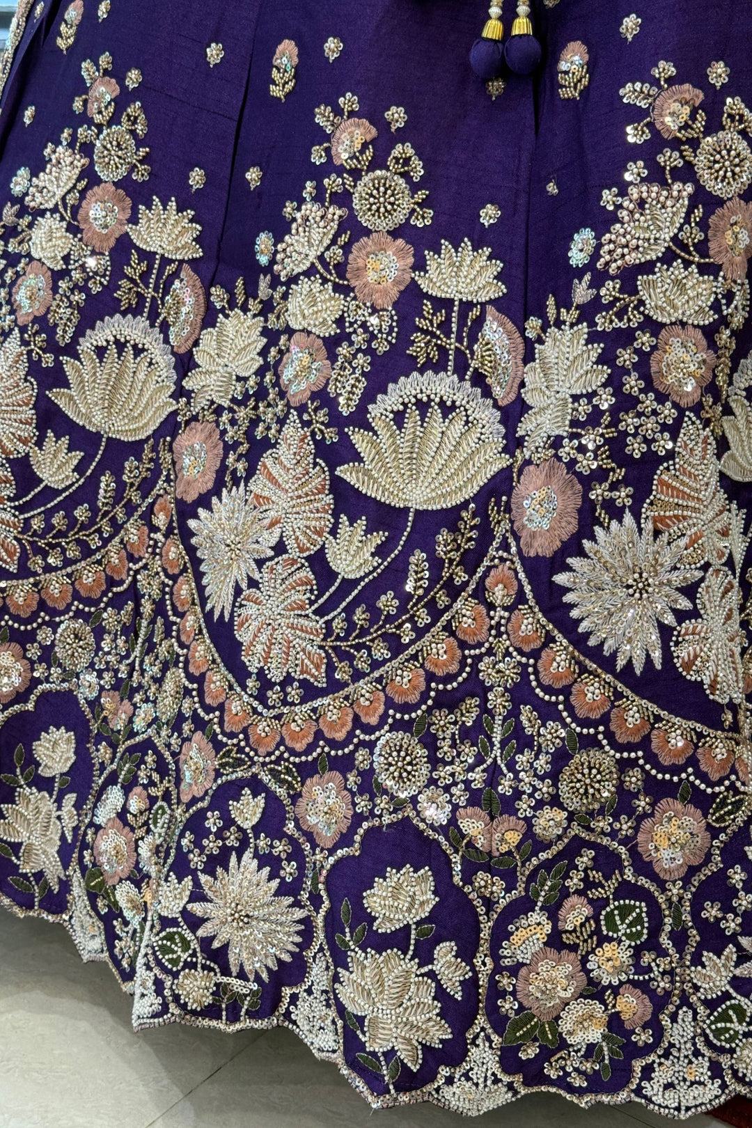 Purple Bridal Lehenga Set with Intricate Zari, Sequins, Beads and Floral Embroidery