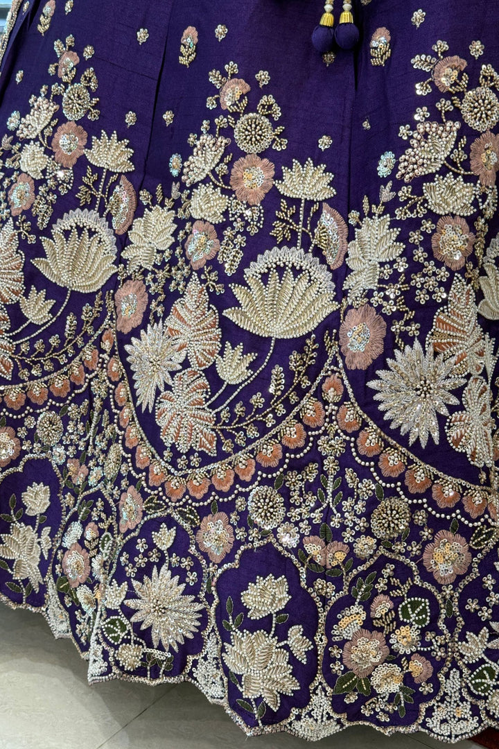 Purple Bridal Lehenga Set with Intricate Zari, Sequins, Beads and Floral Embroidery
