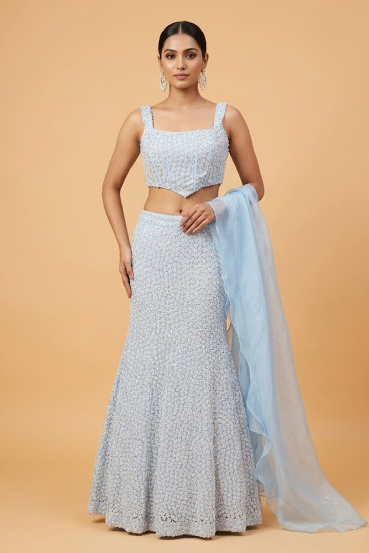 Ice Blue Sequins and Beads work Fishcut Lehenga Set