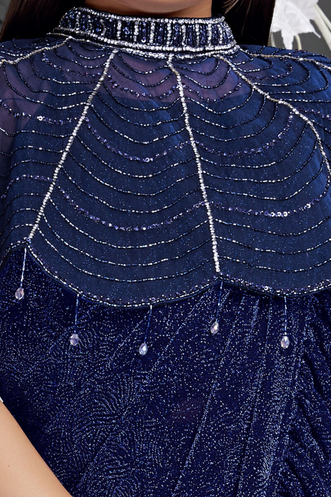 Navy Blue Beads and Sequins work Poncho with Saree Styled Lehenga Choli for Girls