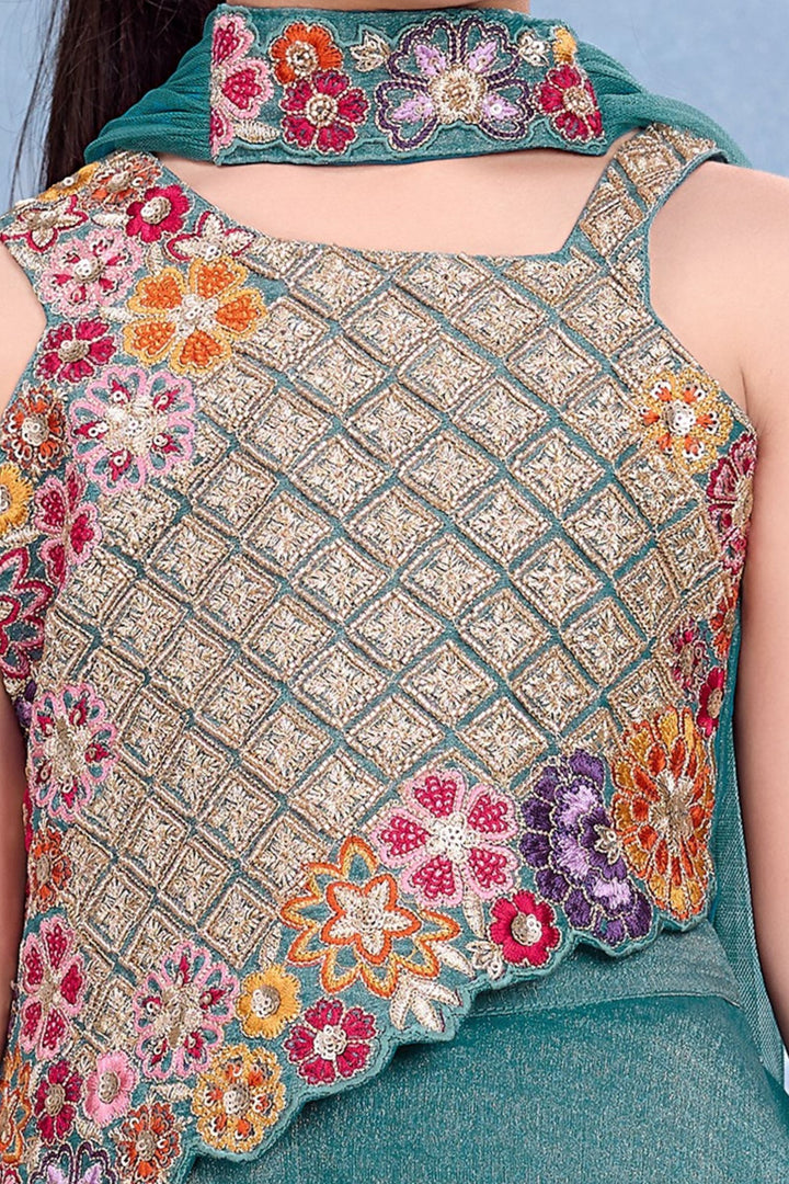 Green Multicolor Embroidery, Sequins, Zari and Beads work Palazzo Suit Set for Girls