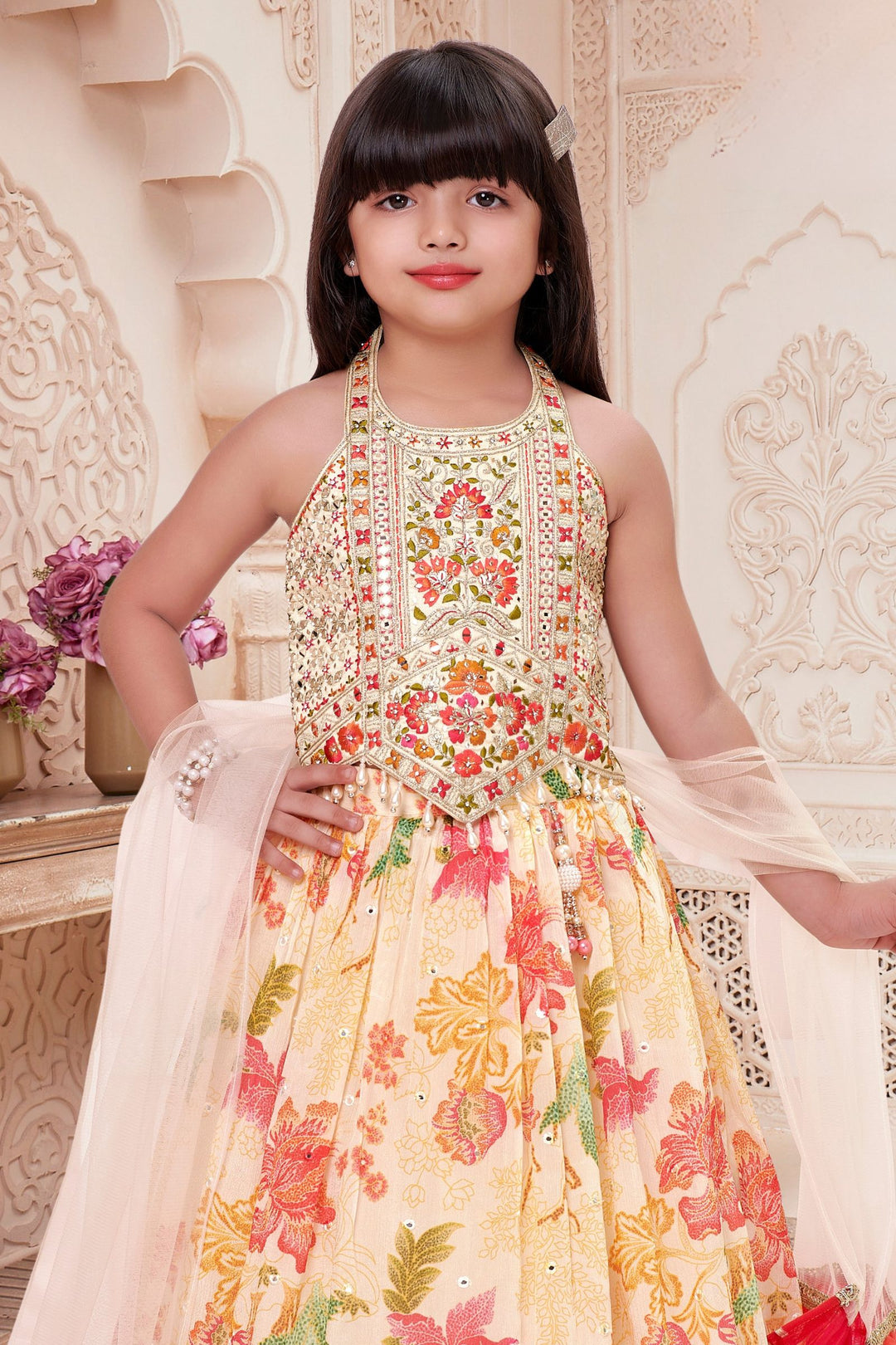 Cream Mirror, Stone and Beads work with Multicolor Digital Print Lehenga Choli for Girls