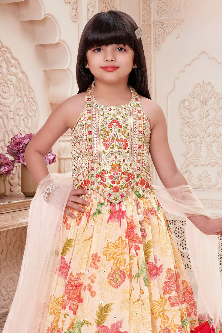 Cream Mirror, Stone and Beads work with Multicolor Digital Print Lehenga Choli for Girls