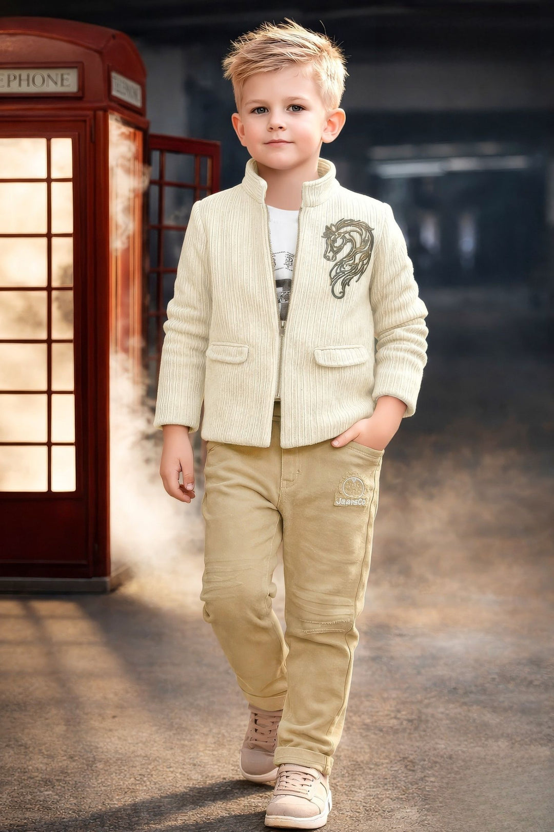 Cream Boys Blazer Set with Cream Printed T-Shirt and Light Khaki Pants