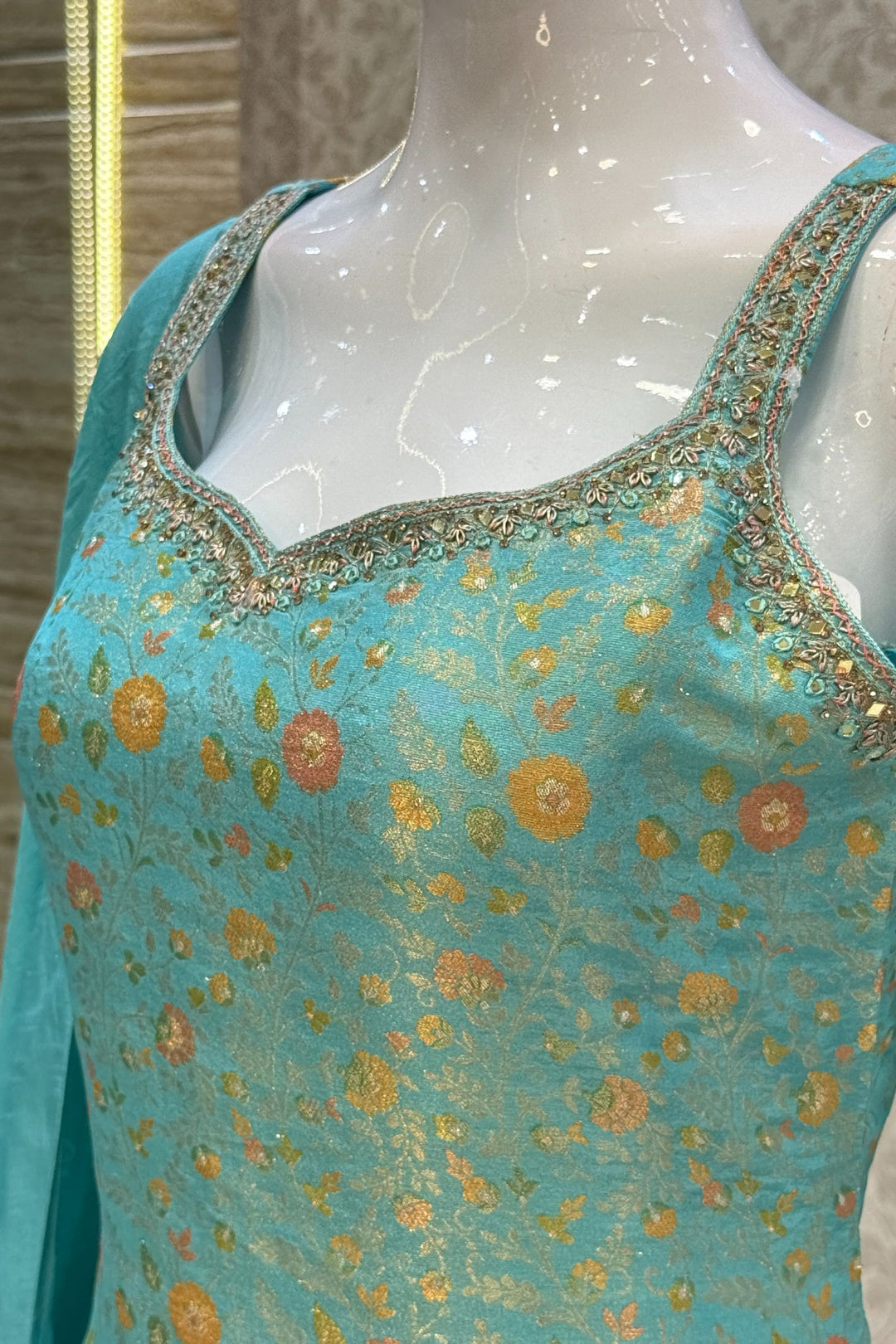 Sea Green Mirror, Zardozi, Stone, Beads and Brocade work Straight Cut Salwar Suit
