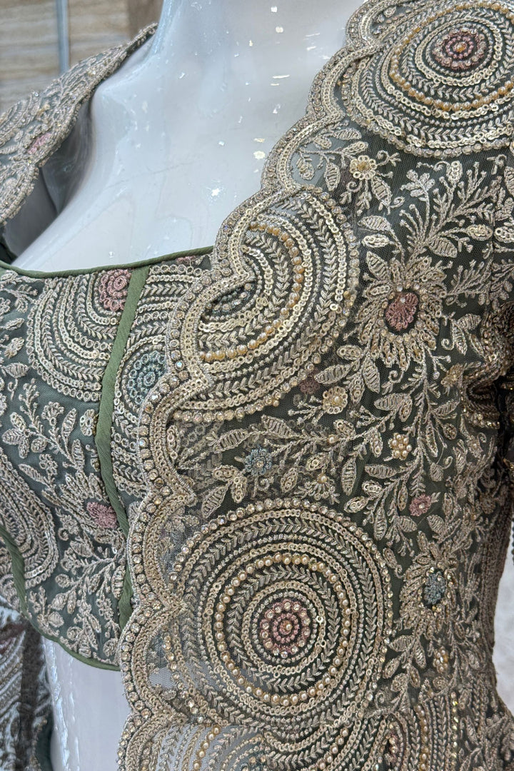 Olive Green Drape Style Lehenga with Sequins, Stone and Zari work Long Overcoat