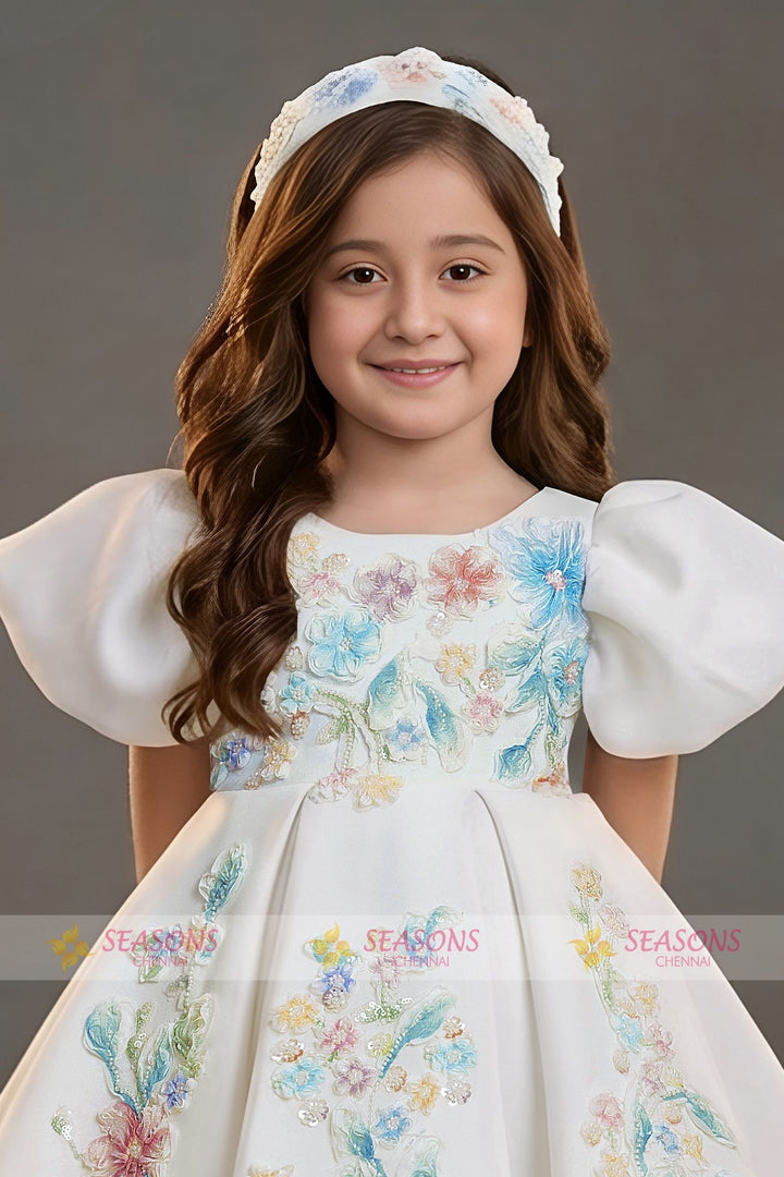 Half White Beads and Floral Applique work Short Partywear Frock for Girls