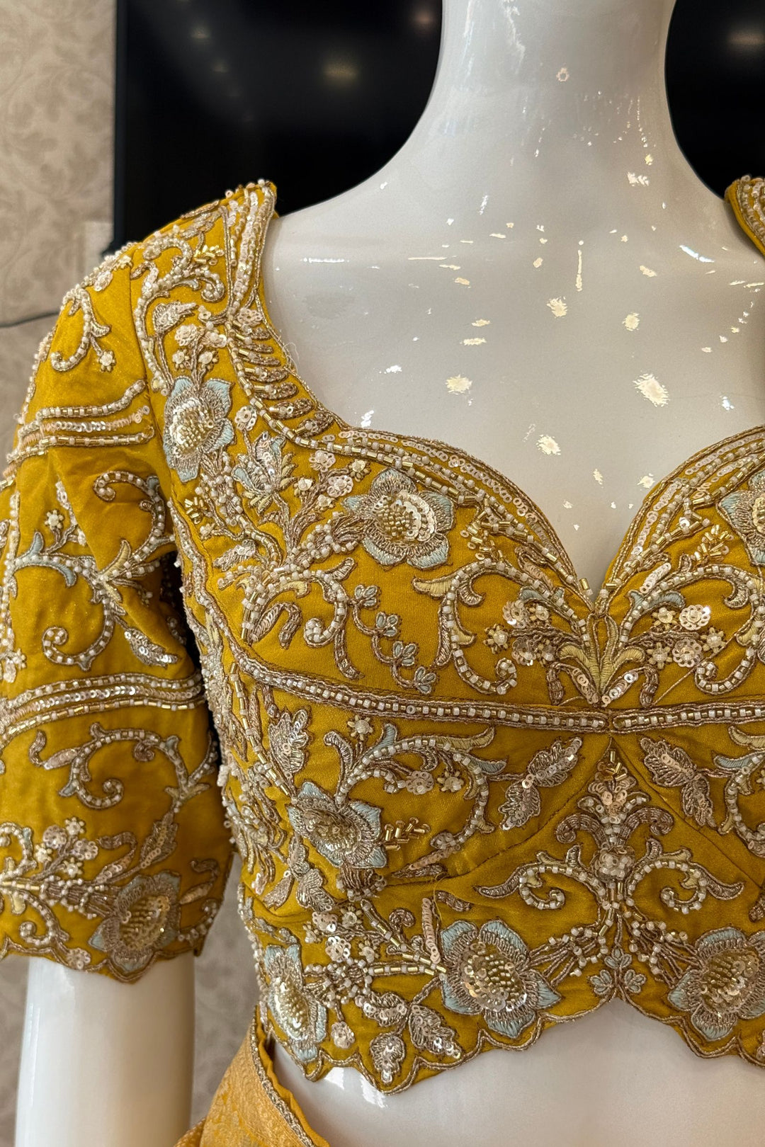 Yellow Zari work Saree with Pearl, Zardozi, Beads and Sequins work Readymade Blouse