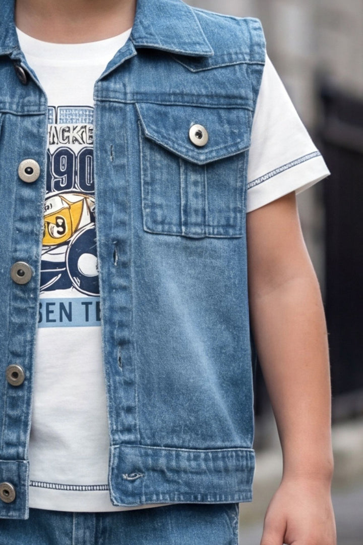 Blue Blazer, Printed T-Shirt with Shorts Set for Boys