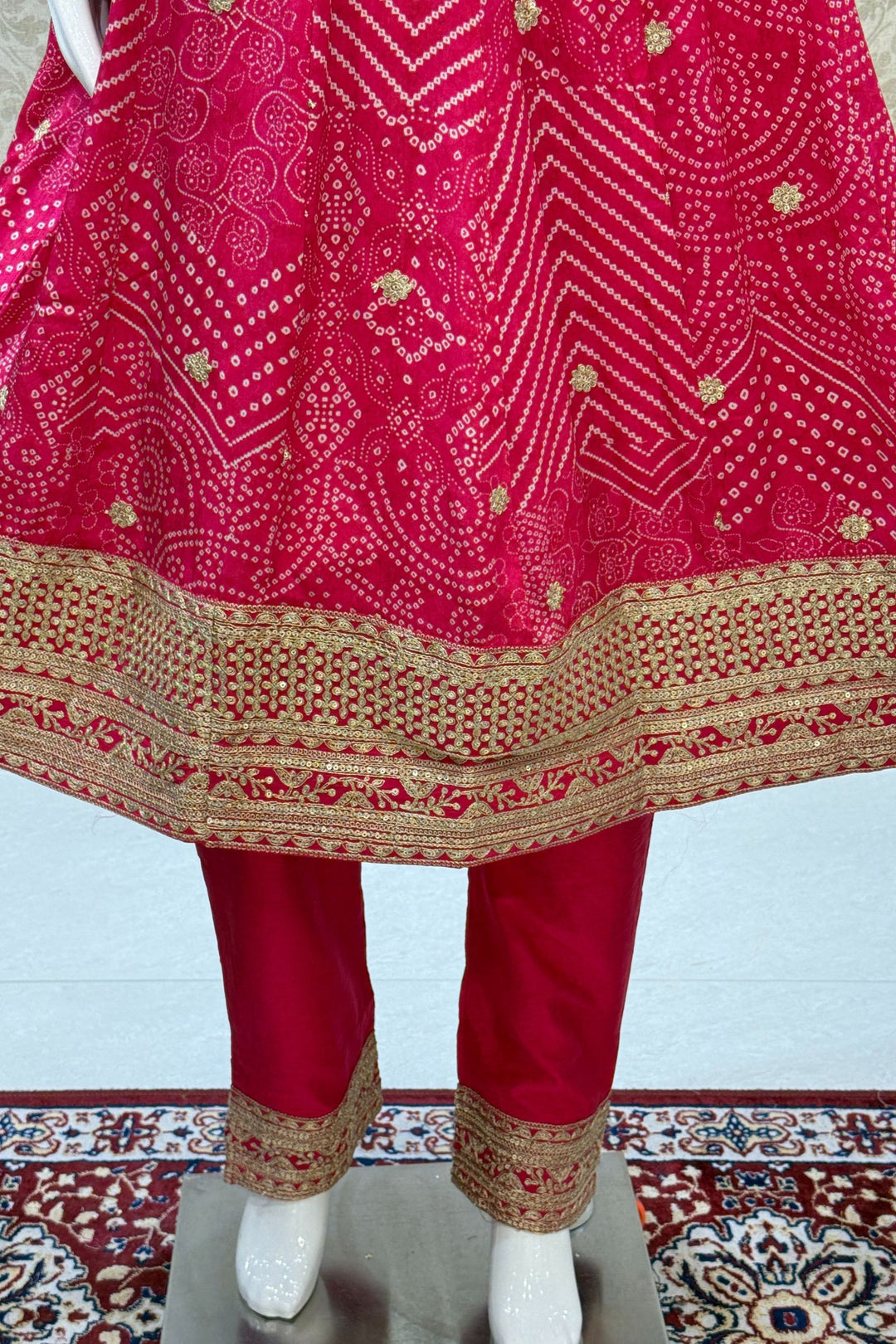 Rani Pink Zardozi, Stone, Sequins and Zari work with Bandini Print Anarkali Style Salwar