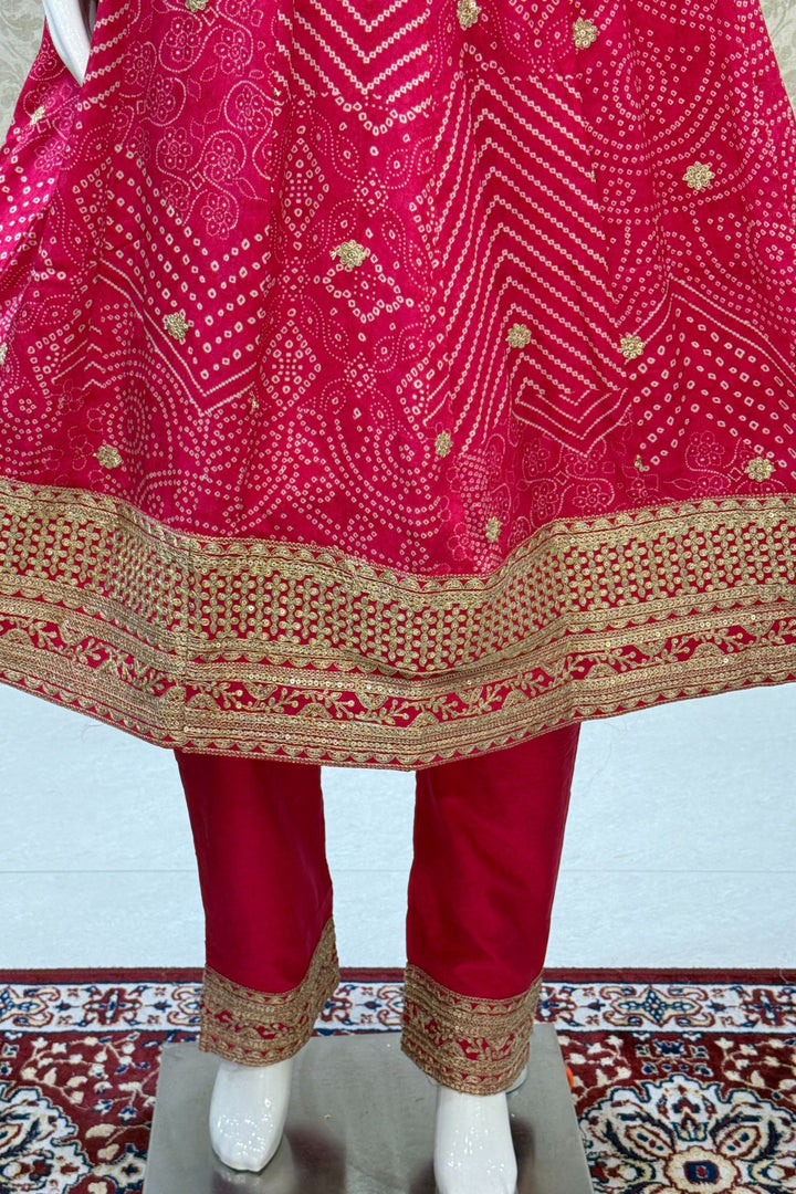 Rani Pink Zardozi, Stone, Sequins and Zari work with Bandini Print Anarkali Style Salwar