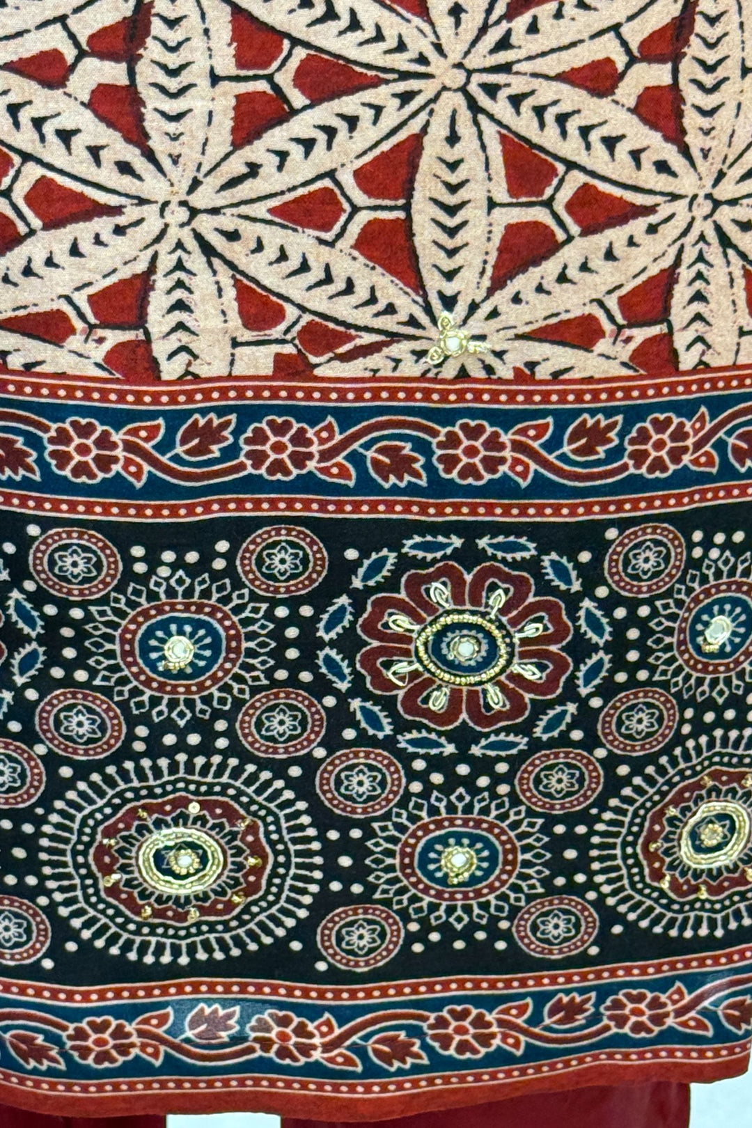 Maroon with Beige Sequins and Beads work with Ajrakh Print Straight Cut Salwar Suit
