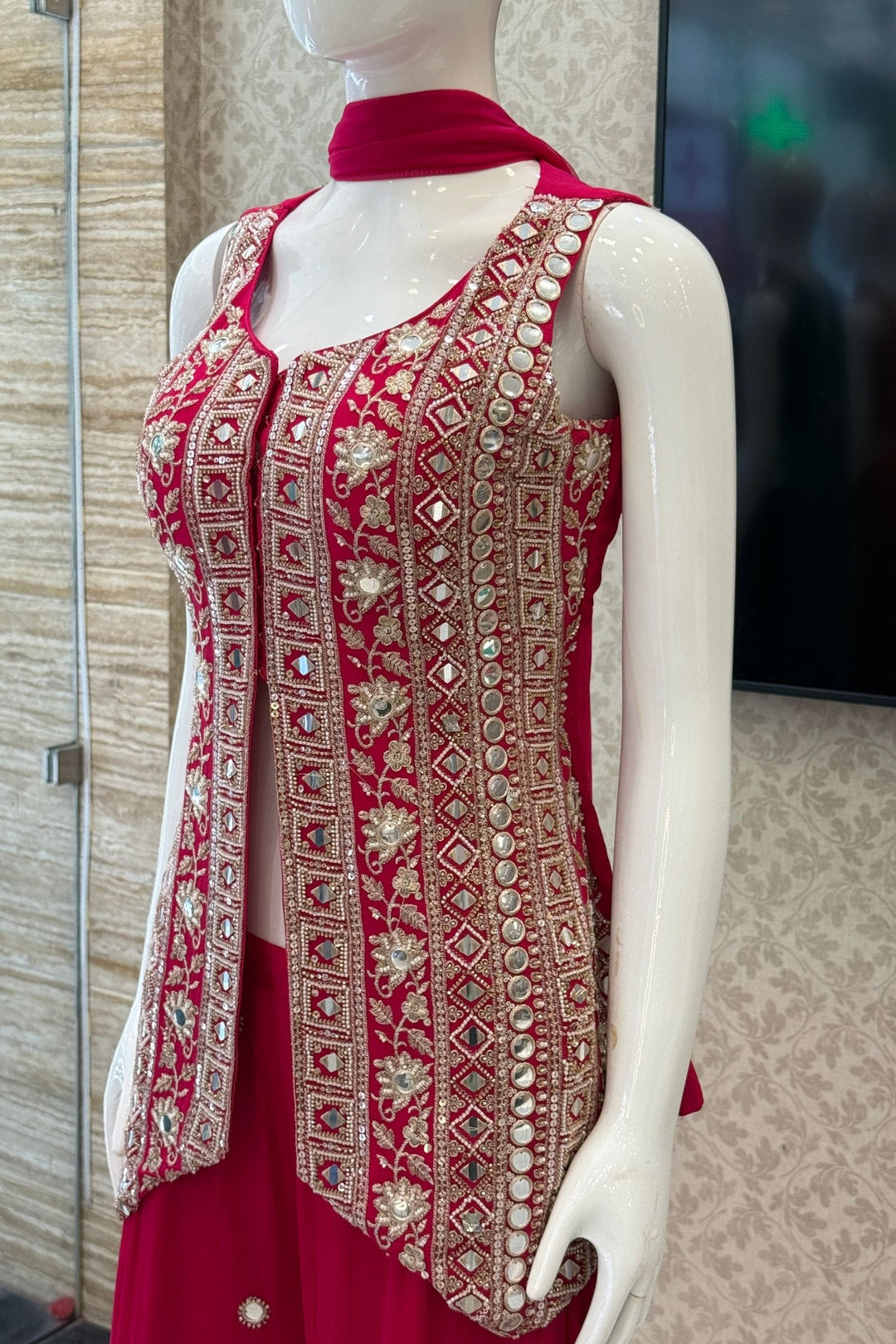 Rani Pink Mirror, Beads, Sequins and Zari work Palazzo Salwar Suit