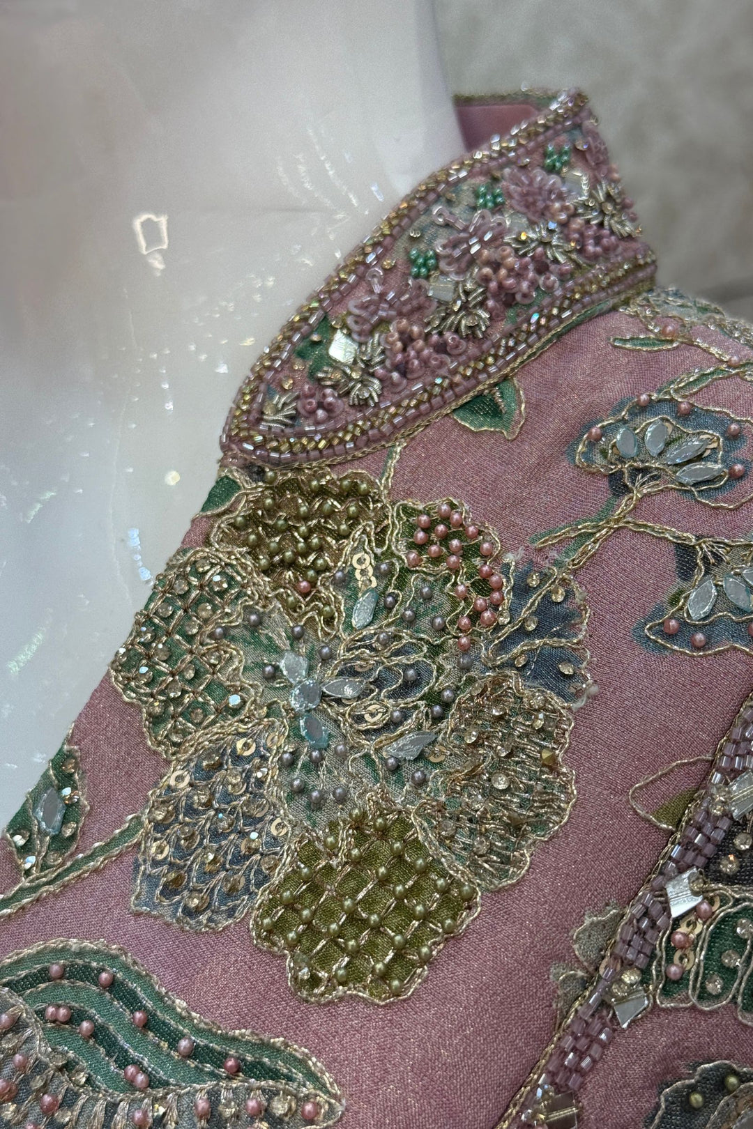 Onion Pink Beads, Zari and Sequins work with Floral Print Crop Top and Cowl Skirt