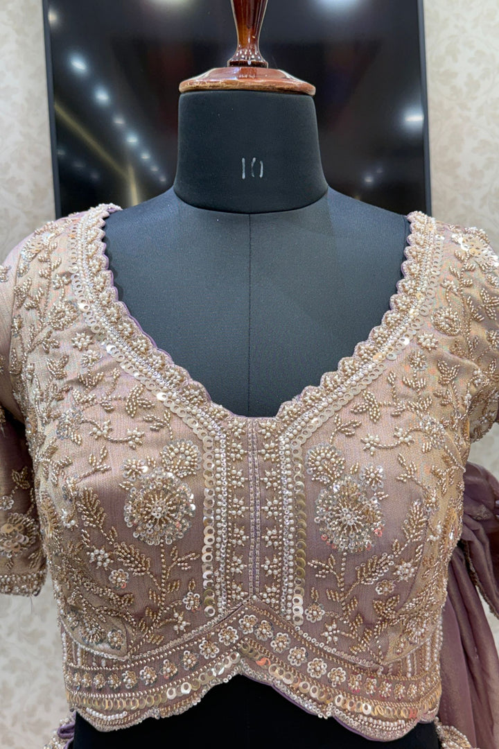 Cream with Lavender Sequins, Pearl, Beads and Zardozi work Crop Top Designer Bridal Lehenga