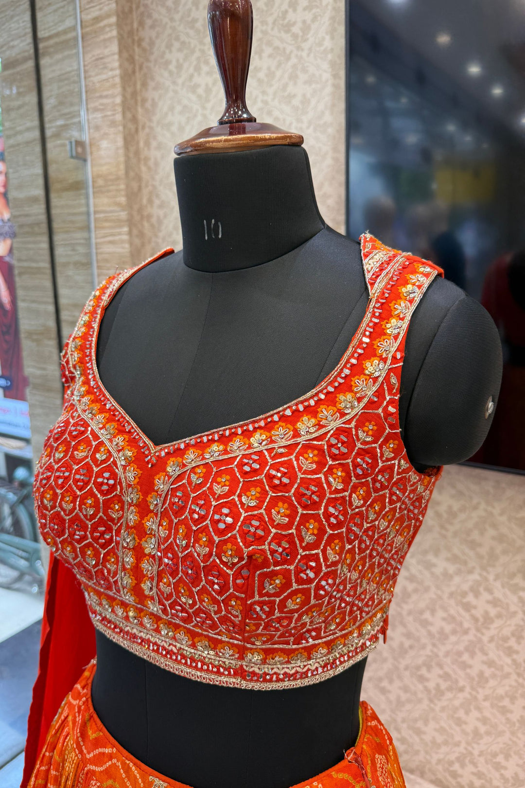 Orange Mirror, Stone, Zardozi and Sequins work with Bandini Print Crop Top Lehenga