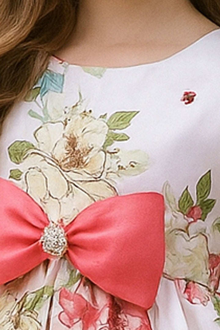 Pastel Pink Stone work with Floral Print Short Partywear Frock for Girls