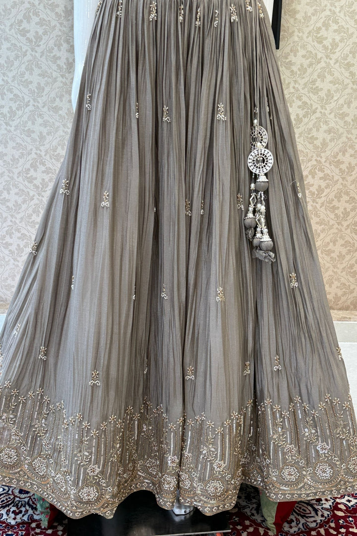 Designer Grey Lehenga with Intricate Beads, Zardozi, Mirror, Kundan and Sequins work