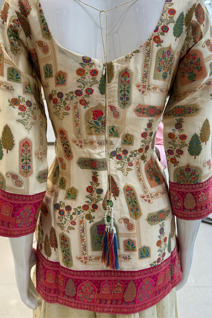 Beige Beads, Mirror, Zardozi and Banaras work Palazzo Salwar Suit