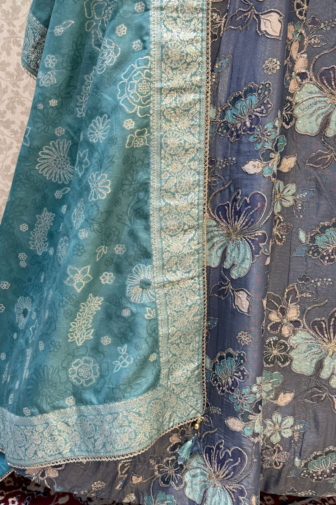 Grey Beads, Sequins, Zardozi and Multicolor Thread work with Digital Print Crop Top Lehenga