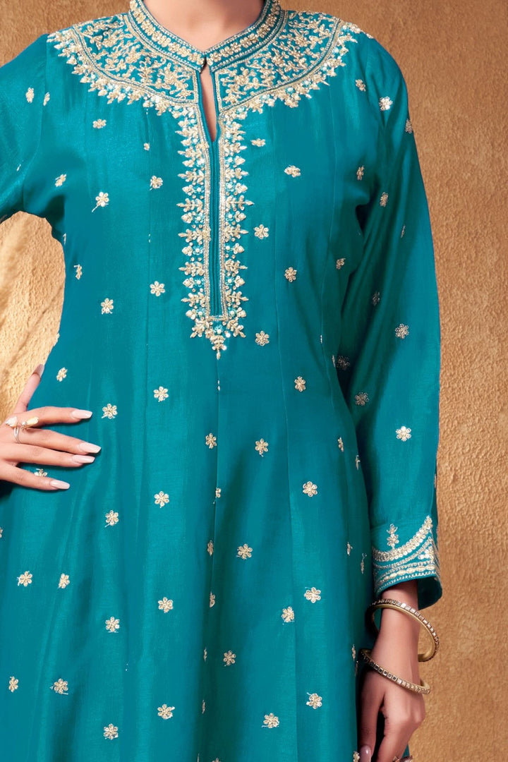 Rama Blue Zari, Zardozi, Sequins and Stone work A-line Cut Salwar Suit