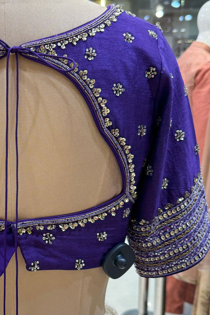 Designer Floral Banarasi Lehenga Set in Purple and Cream