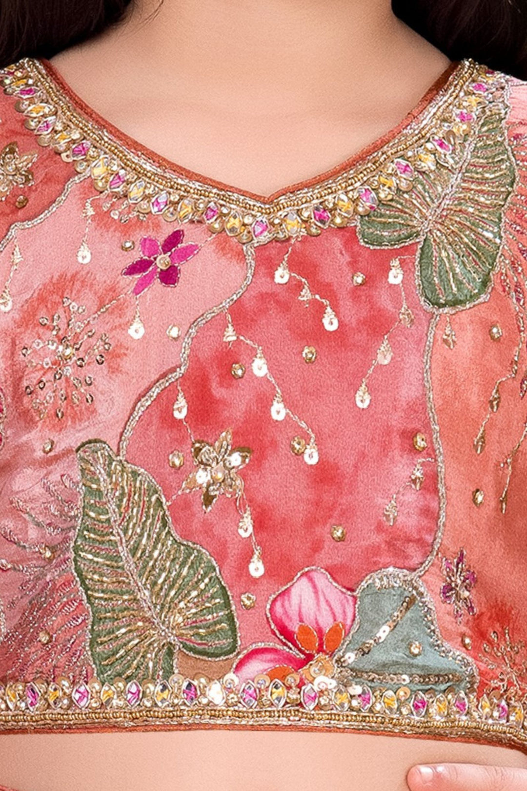 Dark Orange Sequins and Beads work with Multicolor Digital Print Lehenga Choli for Girls