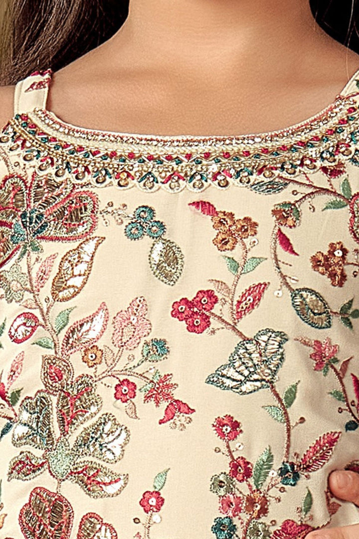 Cream Sequins, Stone, Beads and Multicolor Embroidery work Sharara Suit Set for Girls