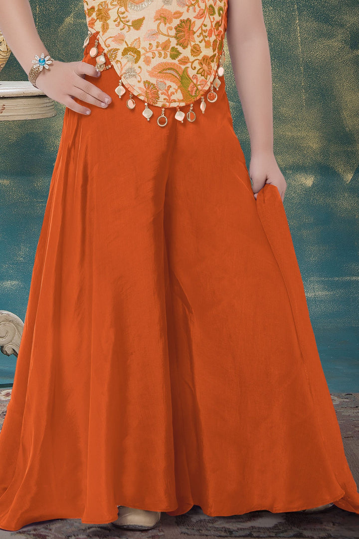 Orange with Beige Stone, Mirror and Thread work with Multicolor Print Palazzo Set for Girls