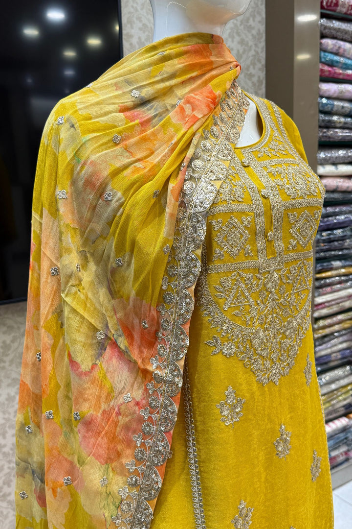 Yellow Zari and Sequins work with Digital Print Palazzo Salwar Suit