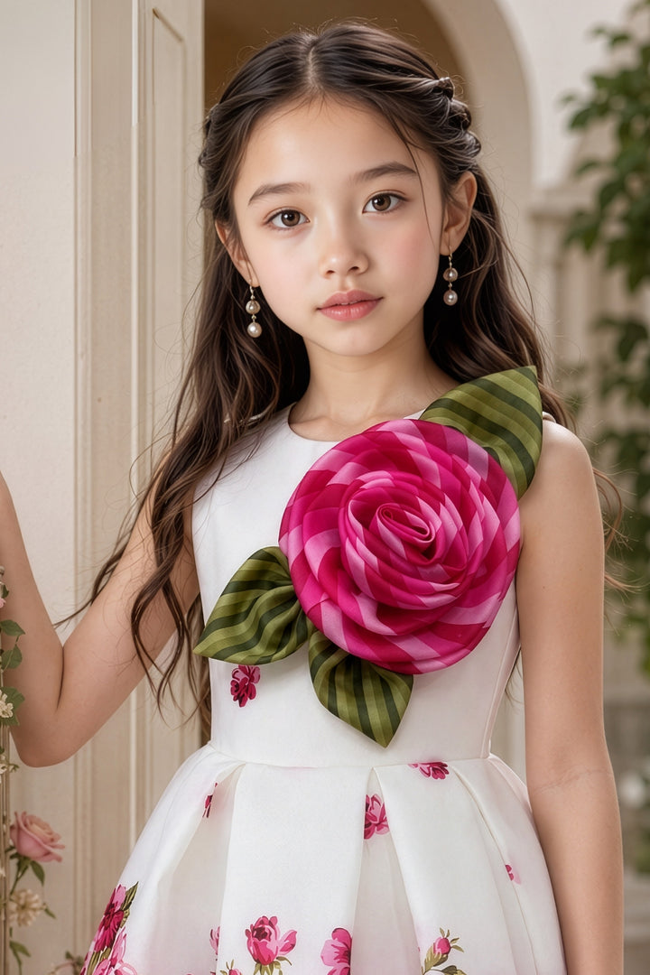 White with Rose Flower and Leaf Accent Short Frock For Girls