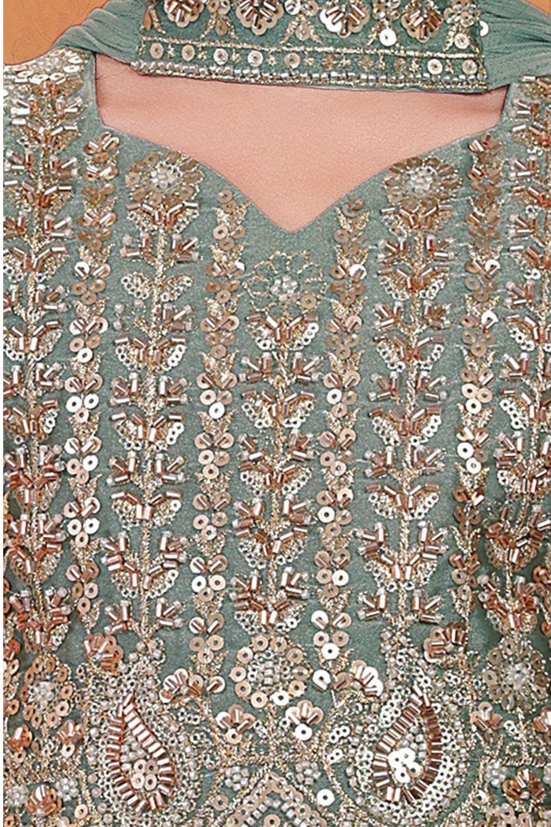 Sea Green Beads, Sequins and Zari work Palazzo Suit Set for Girls