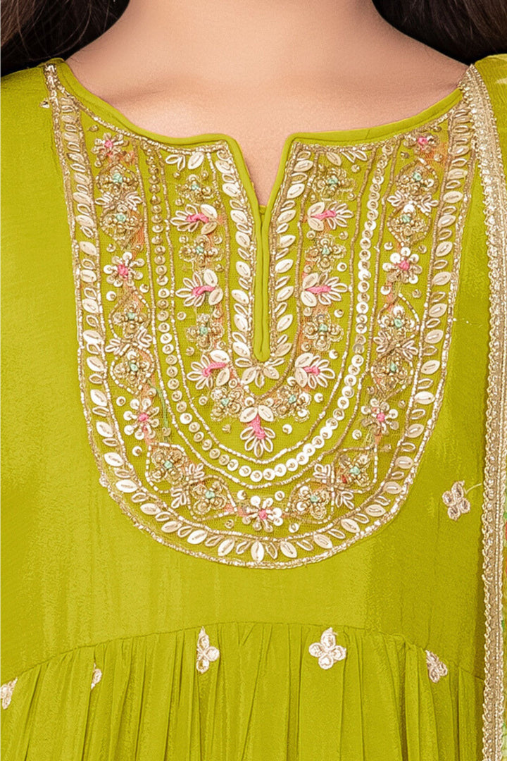 Green Sequins, Zari, Zardozi, Beads and Thread work Anarkali Style Salwar Suit for Girls