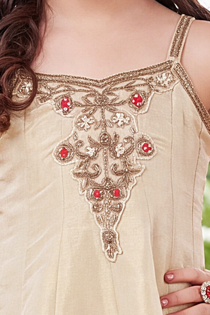 Cream Beads and Thread work Palazzo Suit Set for Girls