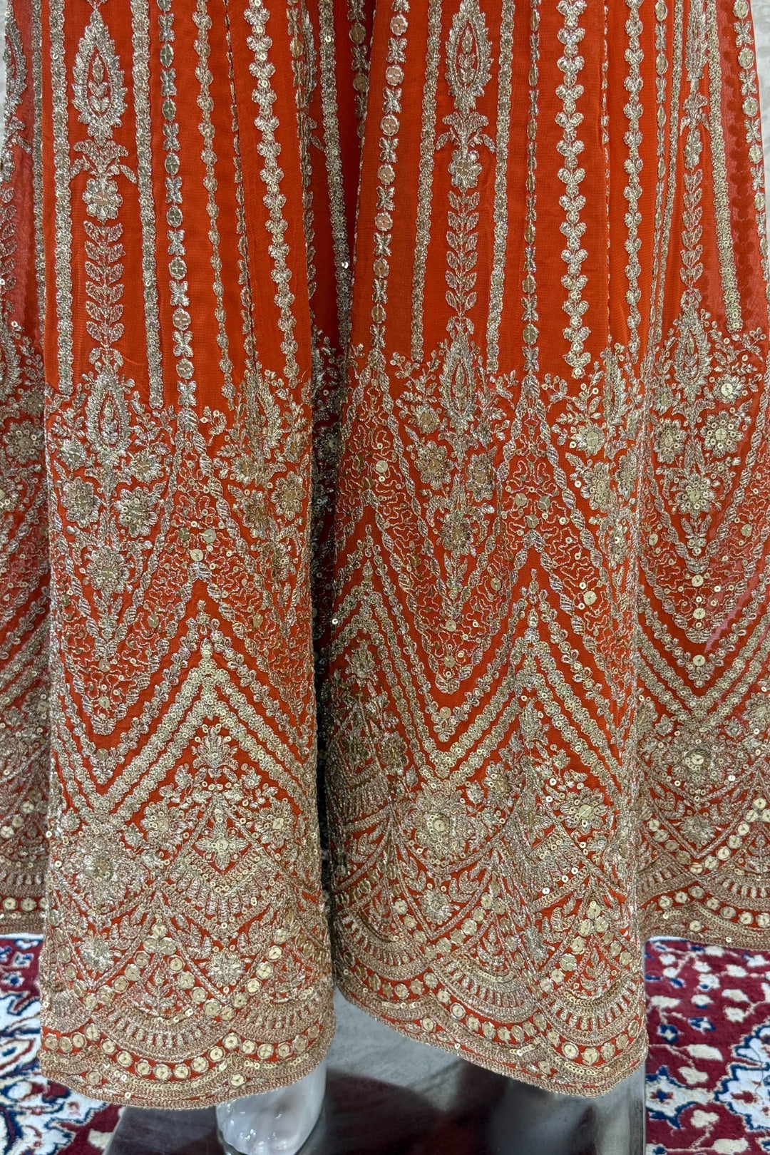 Orange Sequins, Zari, Mirror, Stone and Beads work Palazzo Salwar Suit