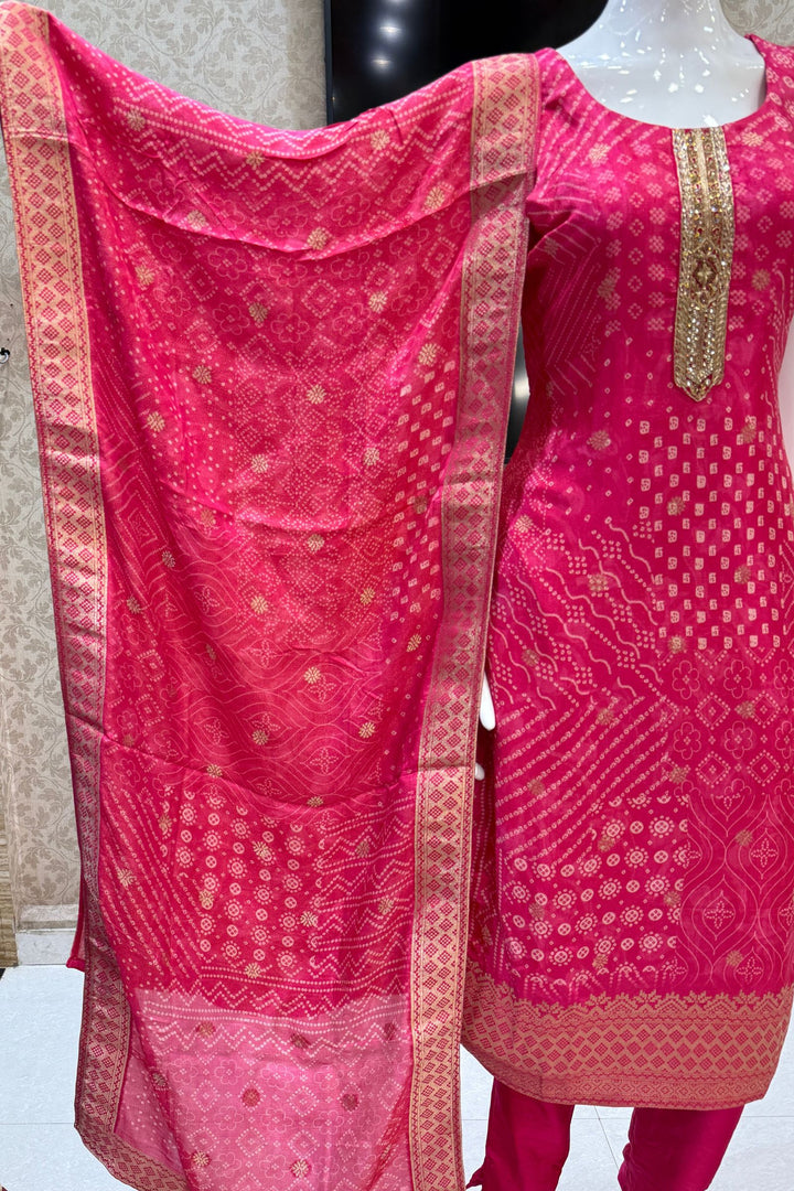 Rani Pink Banaras and Zari Weaving work with Bandini Print Straight Cut Salwar Suit