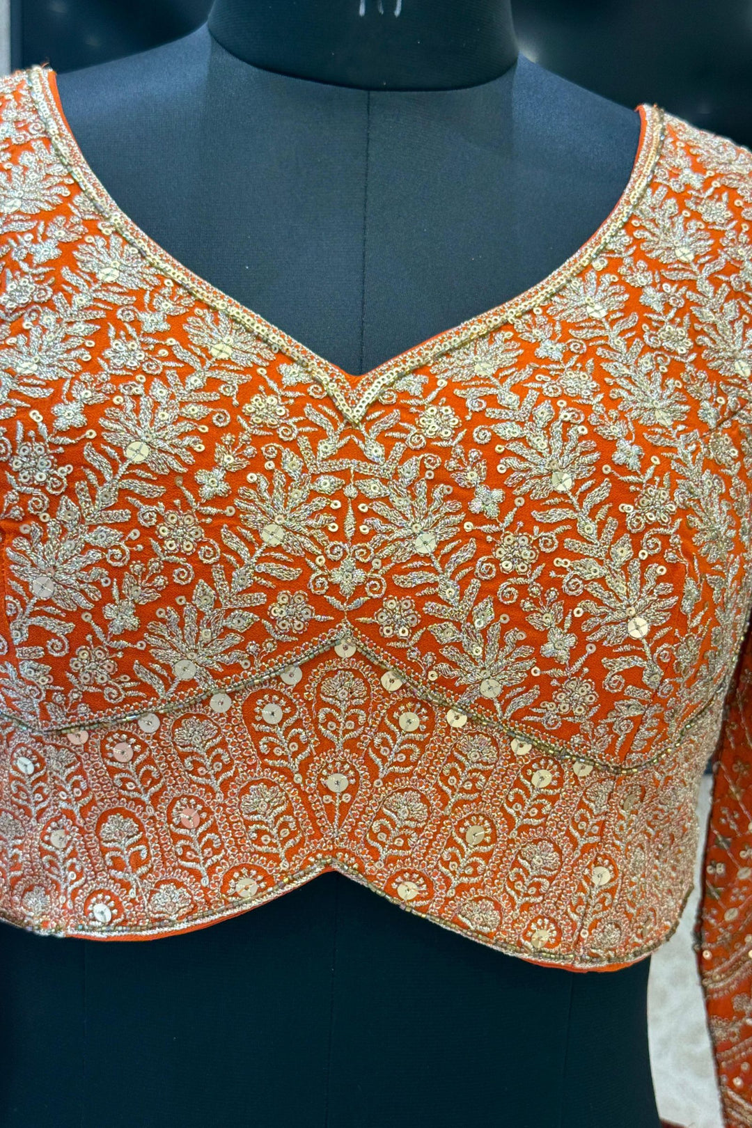 Orange Sequins and Zari work Crop Top Lehenga