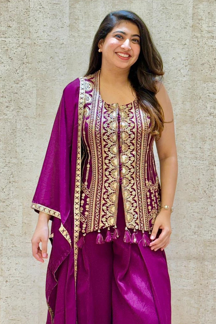 Wine Zari, Sequins, Stone and Beads work Top with Flared Palazzo Set