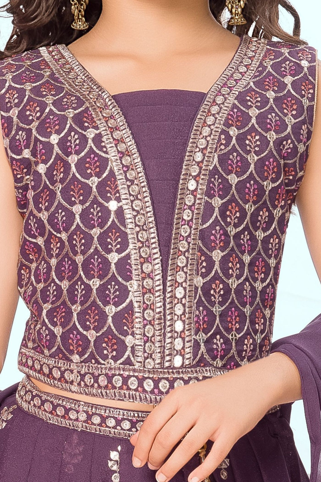 Purple Zari, Sequins and Multicolor Thread work Lehenga Choli for Girls
