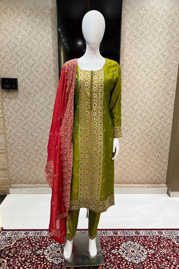 Mehendi Green Sequins and Zari Thread work Straight Cut Salwar Suit